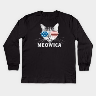 Meowica USA American Flag Cat Kids Long Sleeve T-Shirt